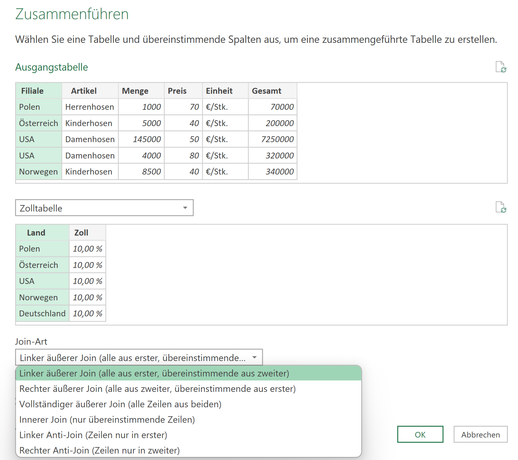 Das Bild zeigt die Benutzeroberfläche von Power Query beim zusammenführen von zwei Tabellen